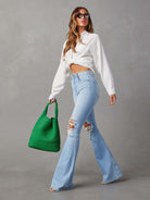 Women's washed ripped high-waisted denim wide-leg trousers - Stormyjay