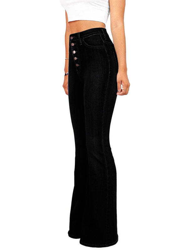 Women's new high-waist washed button slim fit slightly flared wide-leg denim trousers - Stormyjay