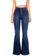 Women's new high-waist washed button slim fit slightly flared wide-leg denim trousers - Stormyjay