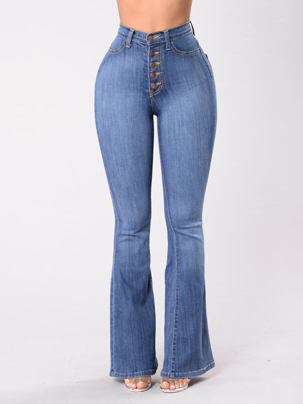 Women's new high-waist washed button slim fit slightly flared wide-leg denim trousers - Stormyjay