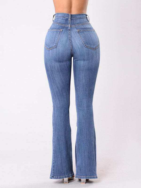 Women's new high-waist washed button slim fit slightly flared wide-leg denim trousers - Stormyjay