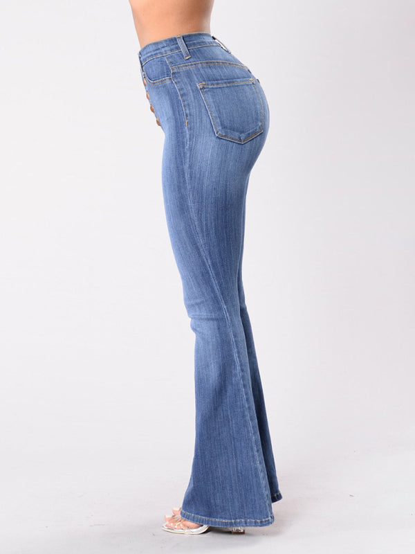 Women's new high-waist washed button slim fit slightly flared wide-leg denim trousers - Stormyjay