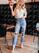 Women's Straight High Waist Slimming Ripped Jeans - Stormyjay