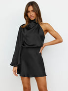 New long-sleeved one-shoulder off-shoulder waist dress - Stormyjay