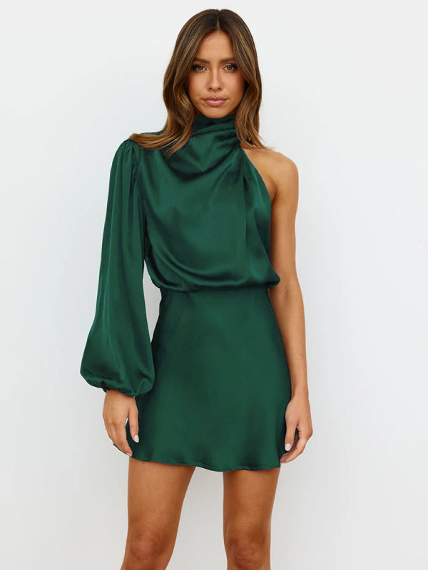 New long-sleeved one-shoulder off-shoulder waist dress - Stormyjay