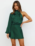 New long-sleeved one-shoulder off-shoulder waist dress - Stormyjay