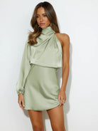 New long-sleeved one-shoulder off-shoulder waist dress - Stormyjay