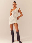 Hollow sexy tight short skirt with hollowed waist and one shoulder patchwork dress - Stormyjay