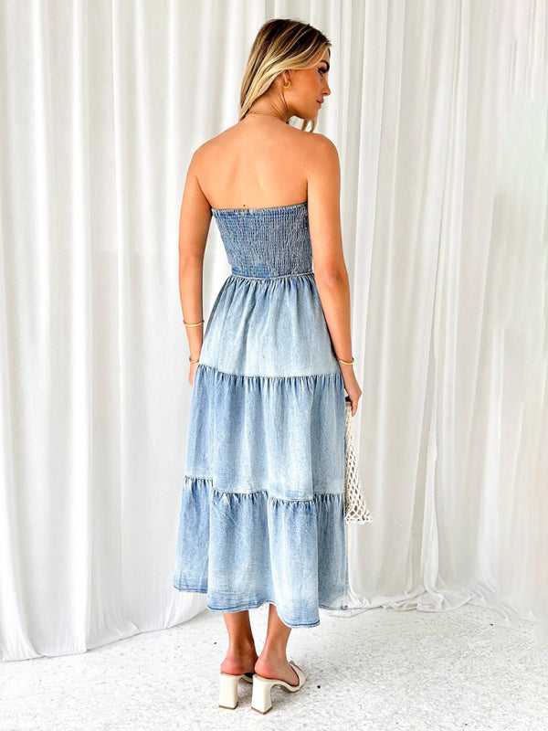 Fresh and sweet hem spliced side slit strapless cake denim long dress - Stormyjay