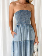 Fresh and sweet hem spliced side slit strapless cake denim long dress - Stormyjay