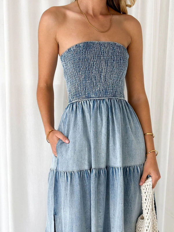 Fresh and sweet hem spliced side slit strapless cake denim long dress - Stormyjay