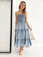 Fresh and sweet hem spliced side slit strapless cake denim long dress - Stormyjay