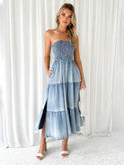 Fresh and sweet hem spliced side slit strapless cake denim long dress - Stormyjay