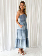 Fresh and sweet hem spliced side slit strapless cake denim long dress - Stormyjay