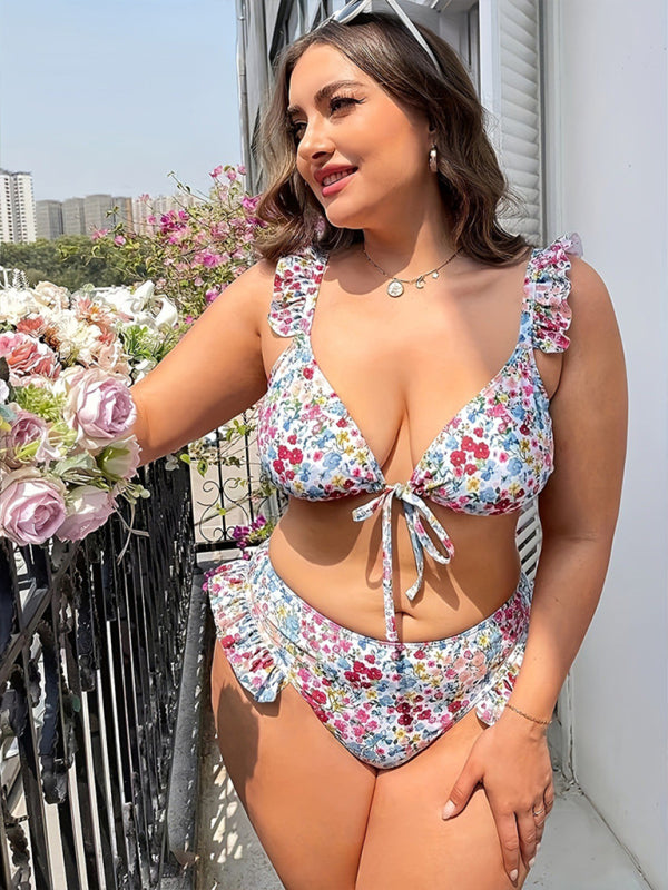 New plus size sexy split swimsuit with floral lace bikini - Stormyjay