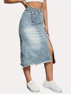 Versatile American retro denim fashionable slit splicing mid-length a-line skirt - Stormyjay