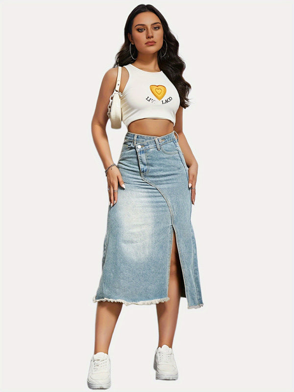 Versatile American retro denim fashionable slit splicing mid-length a-line skirt - Stormyjay