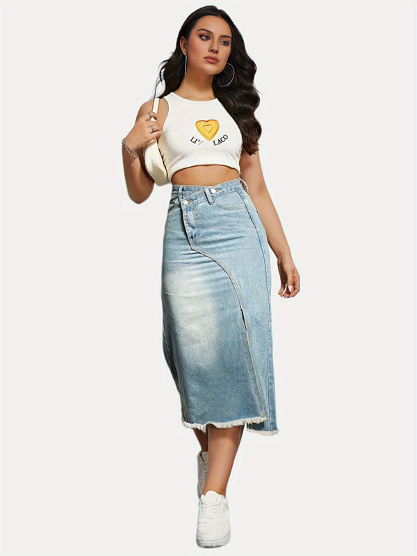 Versatile American retro denim fashionable slit splicing mid-length a-line skirt - Stormyjay