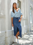 New front slit denim high waist a line mid length skirt - Stormyjay