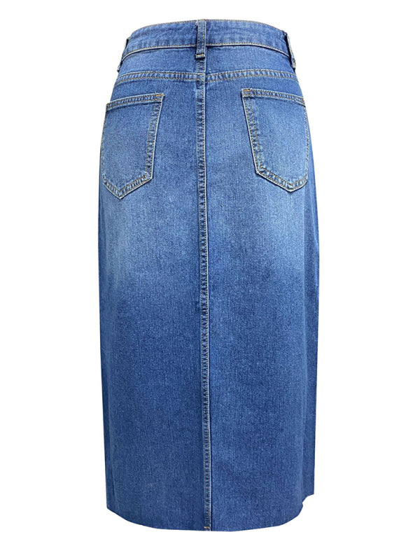 New front slit denim high waist a line mid length skirt - Stormyjay