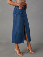 New front slit denim high waist a line mid length skirt - Stormyjay