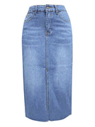 New front slit denim high waist a line mid length skirt - Stormyjay