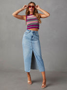 New front slit denim high waist a line mid length skirt - Stormyjay