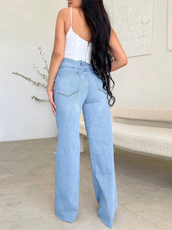 Women's long high waist ripped raw edge comfortable wide leg jeans - Stormyjay