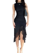 Fashionable mesh dress with irregular ear-cut waist and elegant pleat design - Stormyjay