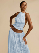 Backless lace-up halter top set and two-piece chiffon pleated long skirt with earrings - Stormyjay