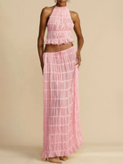 Backless lace-up halter top set and two-piece chiffon pleated long skirt with earrings - Stormyjay