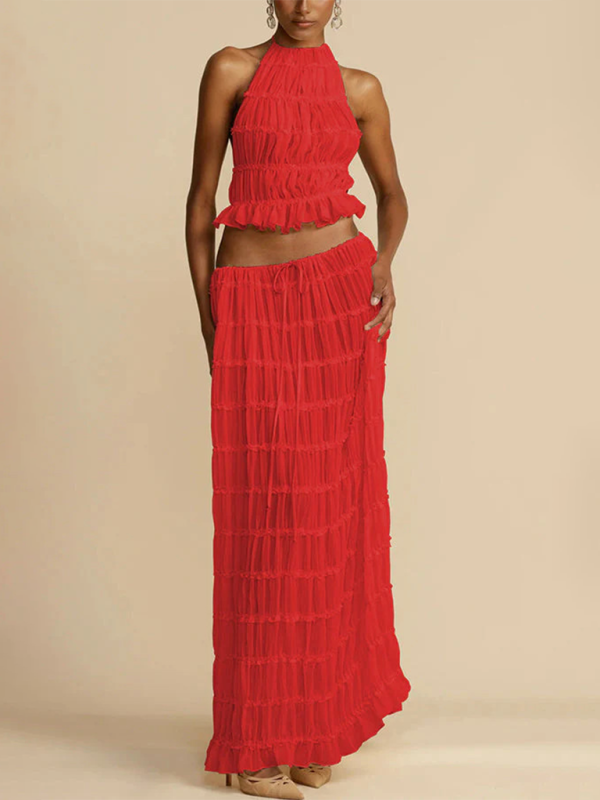 Backless lace-up halter top set and two-piece chiffon pleated long skirt with earrings - Stormyjay