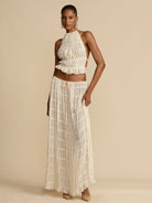 Backless lace-up halter top set and two-piece chiffon pleated long skirt with earrings - Stormyjay