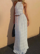 Backless lace-up halter top set and two-piece chiffon pleated long skirt with earrings - Stormyjay