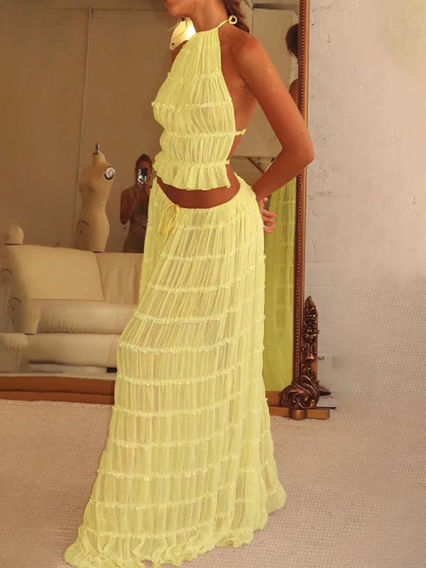 Backless lace-up halter top set and two-piece chiffon pleated long skirt with earrings - Stormyjay