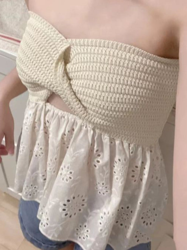 Fashionable casual knitted embroidered stitching holiday sexy tube top top - Stormyjay