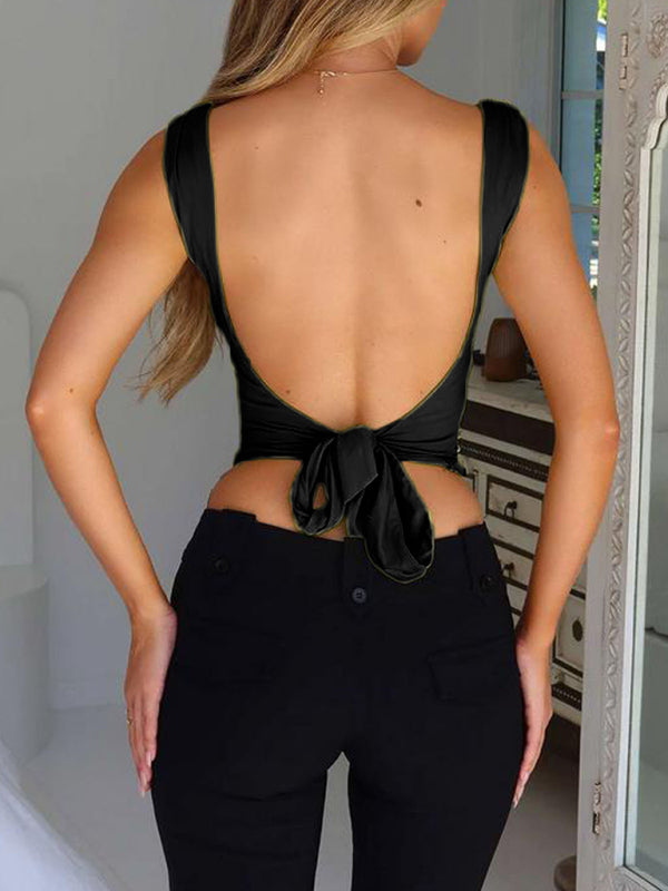 Spring and summer women's suspender cross large V-neck backless lace-up fashionable top - Stormyjay