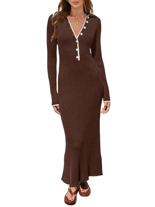 New fashionable lapel knitted slim fit hip-hugging long-sleeved dress - Stormyjay