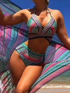 New Bikini Digital Printed Swimsuit Shawl Beach High Waist Swimsuit Three Piece Set - Stormyjay