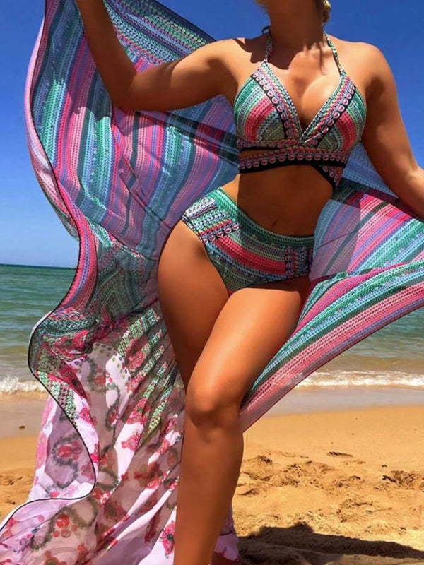 New Bikini Digital Printed Swimsuit Shawl Beach High Waist Swimsuit Three Piece Set - Stormyjay