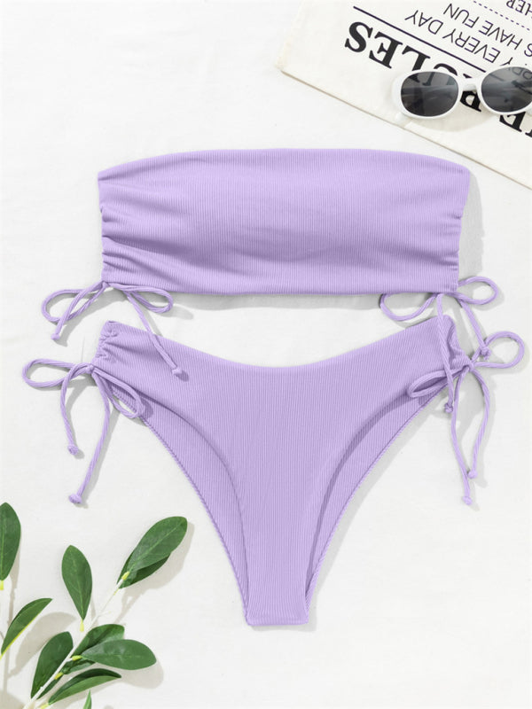 New split bandeau strap bikini solid color sexy multi-color swimsuit - Stormyjay