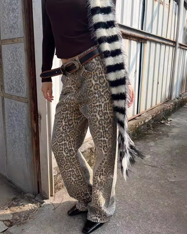 New retro leopard print street straight wide leg loose denim trousers - Stormyjay