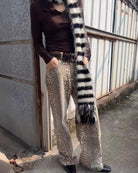 New retro leopard print street straight wide leg loose denim trousers - Stormyjay