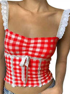 Spliced lace small suspender slim short plaid vest - Stormyjay