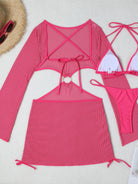 New Mesh Hollow Out Drawstring Three-Piece Bikini Set - Stormyjay