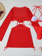 New Mesh Hollow Out Drawstring Three-Piece Bikini Set - Stormyjay