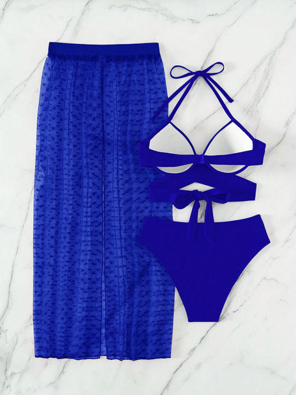 Solid color bikini sexy mesh skirt three-piece set - Stormyjay