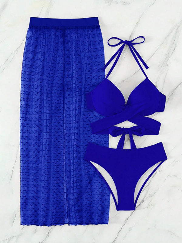 Solid color bikini sexy mesh skirt three-piece set - Stormyjay