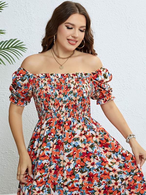 Plus size women's summer floral one-shoulder waist slimming dress - Stormyjay