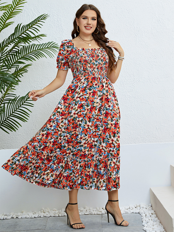 Plus size women's summer floral one-shoulder waist slimming dress - Stormyjay